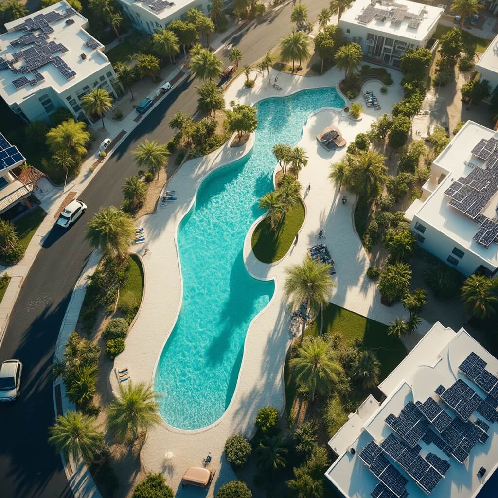 Aerial view of a modern Phoenix neighborhood in summer showcasing reflective surfaces and green infrastructure like sapphire-like swimming pools, solar panels, white roofs, tree-lined streets, and misting water features.