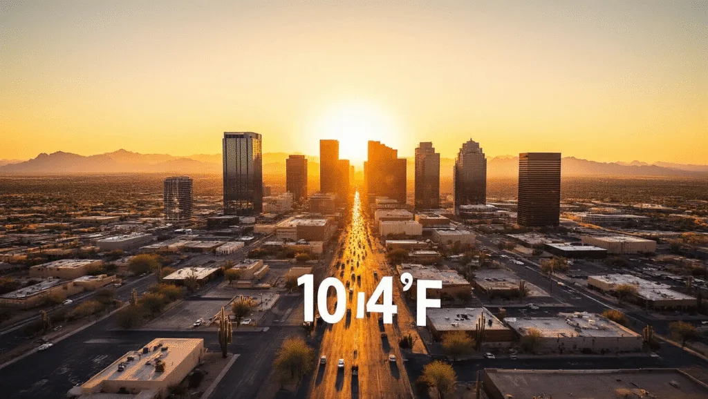 "Downtown Phoenix in peak June heat with heat waves distorting cityscape, skyscrapers, 104°F digital display in the foreground, desert backdrop with saguaro cacti silhouettes, shot during golden hour with intense lens flare and crystal clear, cloudless sky."