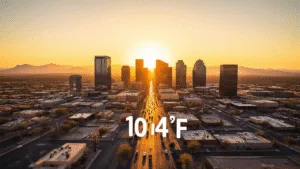 Scorching Phoenix: Your Ultimate June Heat Survival Guide "Downtown Phoenix in peak June heat with heat waves distorting cityscape, skyscrapers, 104°F digital display in the foreground, desert backdrop with saguaro cacti silhouettes, shot during golden hour with intense lens flare and crystal clear, cloudless sky."