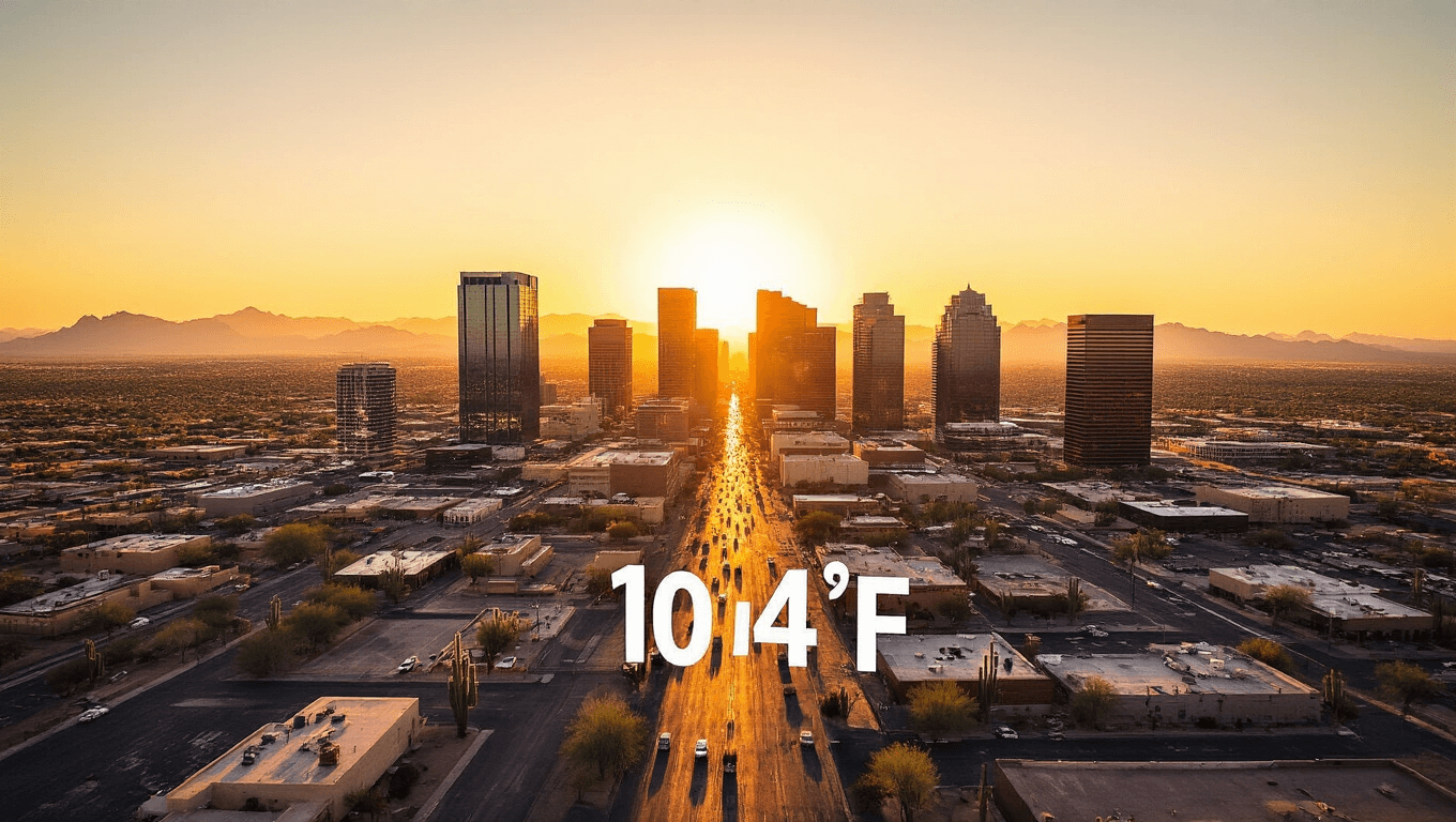 "Downtown Phoenix in peak June heat with heat waves distorting cityscape, skyscrapers, 104°F digital display in the foreground, desert backdrop with saguaro cacti silhouettes, shot during golden hour with intense lens flare and crystal clear, cloudless sky."