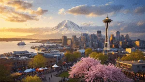 Uncover Seattle's May Magic: A Traveler's Ultimate Insider Guide "Seattle cityscape at golden hour with the Space Needle, Mt. Rainier, cherry blossoms, Pike Place Market, waterfront, ferries on Puget Sound, outdoor cafes, and festival at the Seattle Center in springtime."