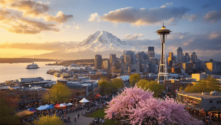 Uncover Seattle's May Magic: A Traveler's Ultimate Insider Guide "Seattle cityscape at golden hour with the Space Needle, Mt. Rainier, cherry blossoms, Pike Place Market, waterfront, ferries on Puget Sound, outdoor cafes, and festival at the Seattle Center in springtime."