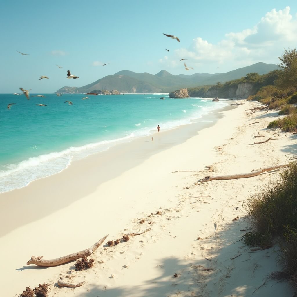 Bay St. Louis: Mississippi's Coastal Paradise You Never Knew Existed Lone paddleboarder on a serene white sand beach with blue-green waters, driftwood, golden sunlight, flying pelicans, and lush coastal vegetation