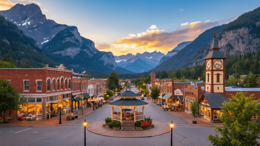 Escape the City: Discover America's Most Breathtaking Small Towns for Your Perfect Weekend Getaway "Panoramic view of a charming small town Main Street with historic brick buildings, nestled between majestic mountains and cascading waterfalls, decorated with string lights, a farmers' market, and a vintage gazebo under a vibrant sky during golden hour."