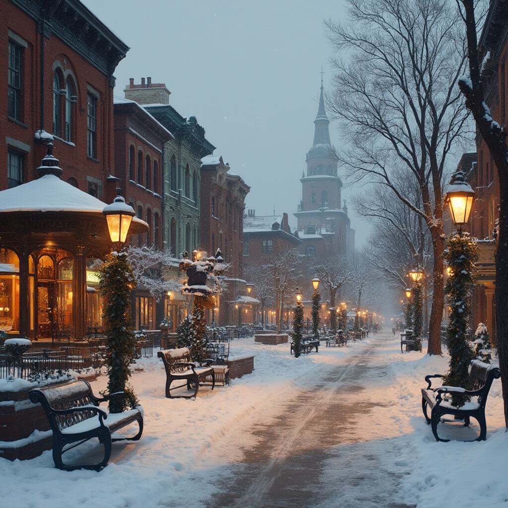 10 Charming Small Towns in the U.S. You Need to Visit: Your Ultimate Hidden Gem Travel Guide Small town square with Victorian buildings covered in snow, warmly lit shop windows, decorated lampposts and gazebo at dusk in winter
