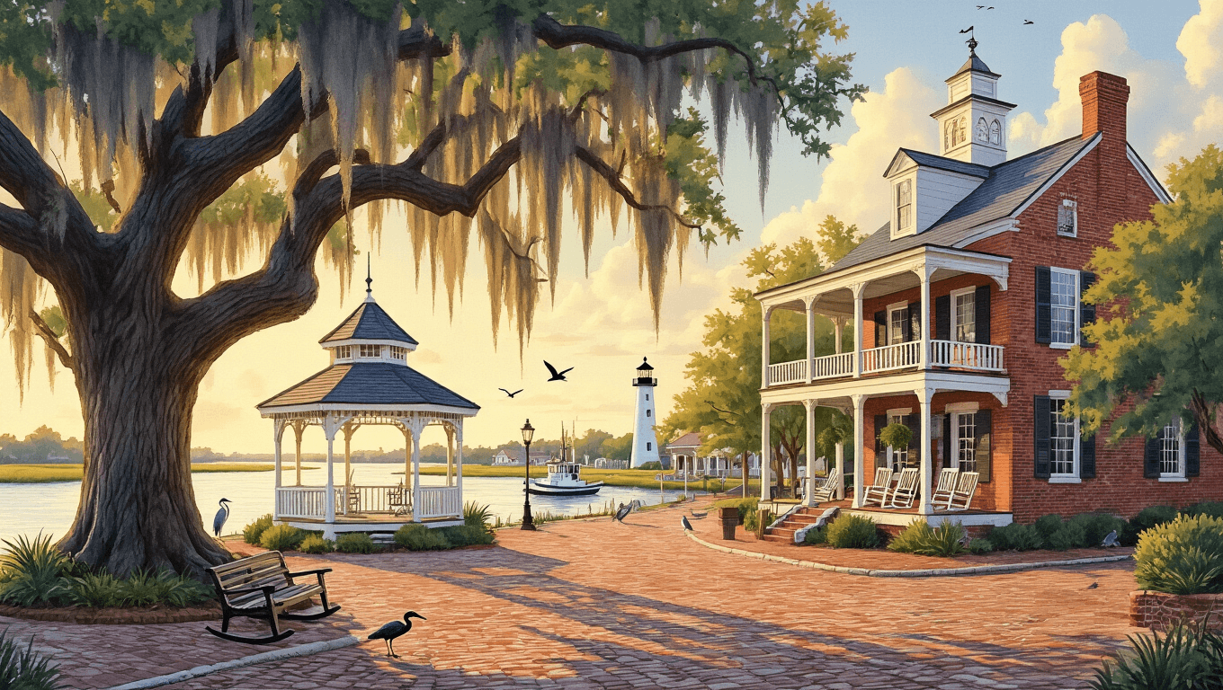"Watercolor-style vintage poster depicting a charming Southern town square with a moss-covered oak tree, white gazebo, brick buildings with porches, and coastal and wetland backgrounds at sunset."