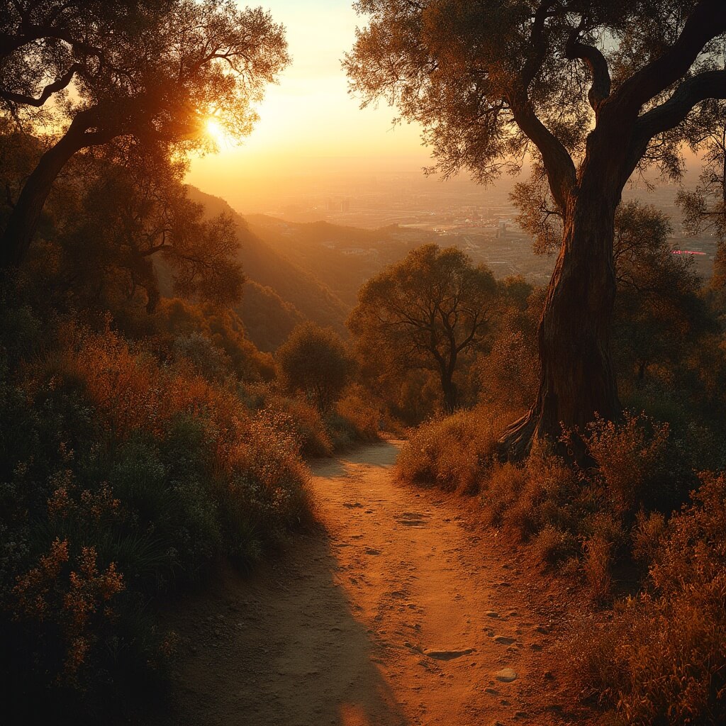 Los Angeles in June: Your Ultimate Sunshine-Packed Adventure Guide Panoramic view of a winding hiking trail in Topanga State Park during sunset, with distant LA cityscape visible through California oak trees and long shadows stretching across the trail lined with coastal sage scrub and wildflowers, illuminated in orange and purple sunset hues.