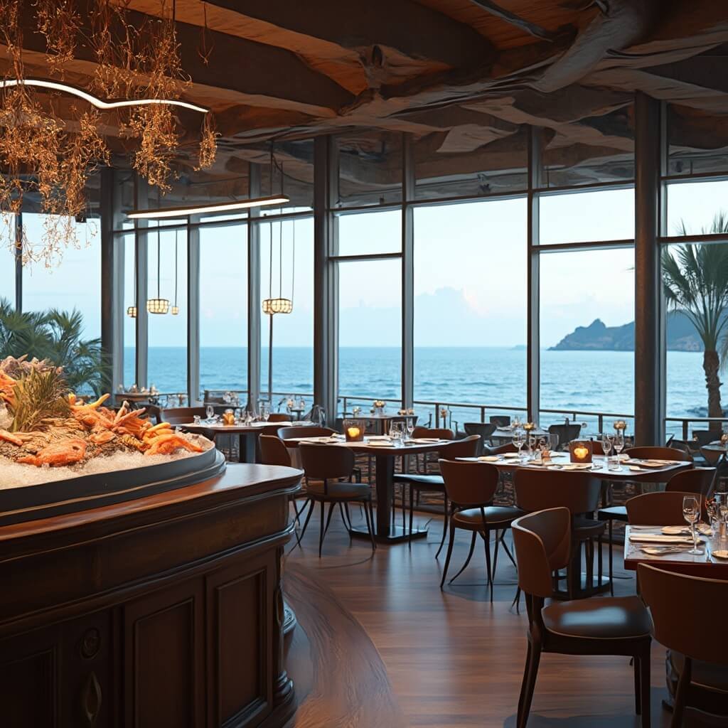 Cannon Beach, Oregon: The Hidden Coastal Gem That'll Make Haystack Rock Look Basic Upscale oceanfront restaurant interior with panoramic Pacific Ocean views, rich wooden tables, modern chandeliers, and fresh seafood display
