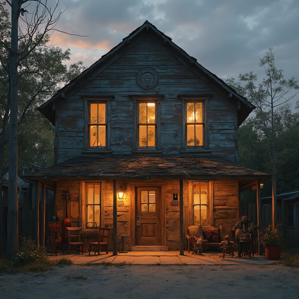 Bay St. Louis: Mississippi's Coastal Paradise You Never Knew Existed Historic Gulf Coast music hall with peeling paint and warm light illuminating from windows, local musicians on porch with visible instruments, at dusk.
