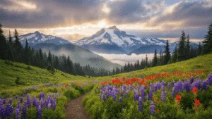 Washington in May: Your Ultimate Guide to Springtime Adventure and Unpredictable Charm "Spring morning in Washington State featuring Cascade Mountains, a vibrant wildflower meadow, a hiking trail, and evergreen trees under a dramatic cloud-filled sky."