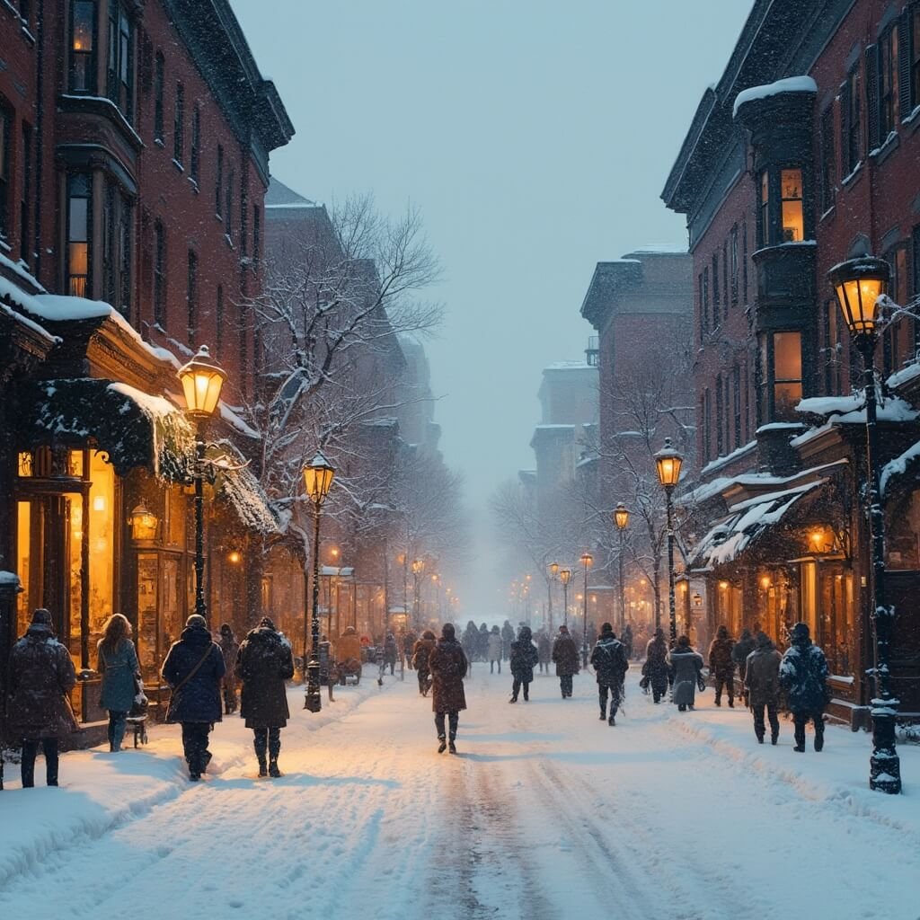 Escape NYC's Chaos: Your Ultimate Hudson, New York Adventure Awaits Snow-covered Warren Street at dusk with Victorian and Federal-style buildings, warm lights from shop windows reflecting on fresh snow, vintage street lamps, people in winter coats between cafes and art galleries, architectural details highlighted by snowfall.