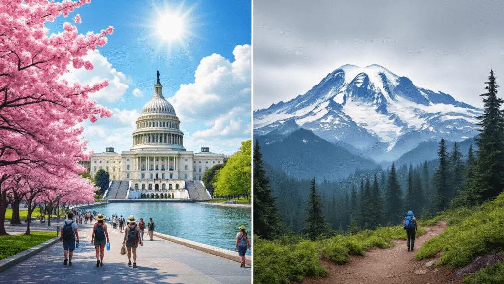 "Split-screen illustration contrasting sunny, humid Washington D.C. with U.S. Capitol and cherry blossoms, and mild, cloudy Washington State with Mount Rainier and evergreen forests in summer."