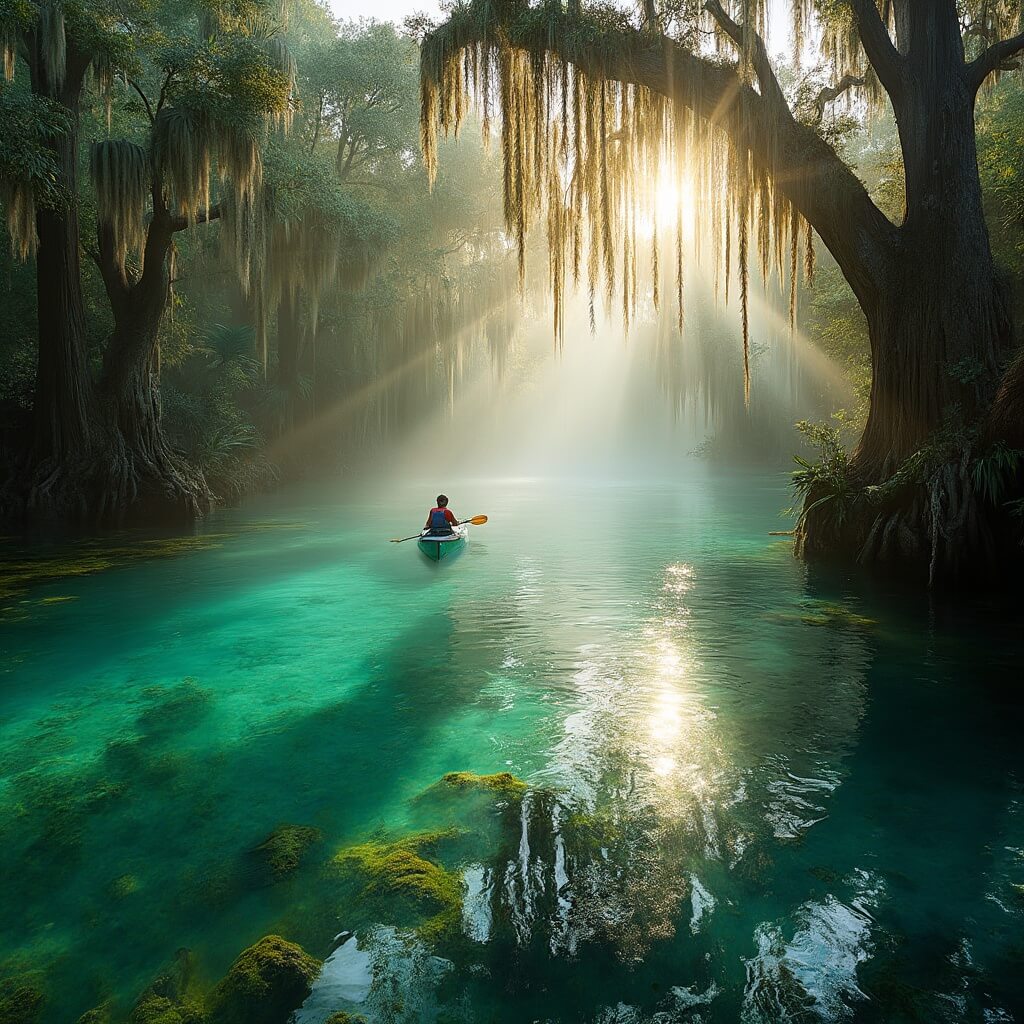 Lone kayaker paddling in clear turquoise waters of Wekiwa Springs State Park amidst mist, cypress trees, and golden sunrise rays filtering through the tree canopy