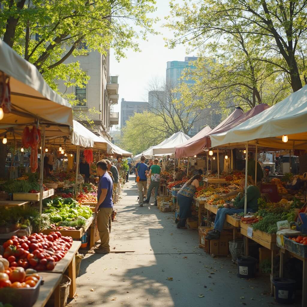 Cracking the Milwaukee May Mystery: Your Ultimate City Guide Bustling West Allis Farmers Market with local farmers vending fresh spring vegetables under colorful awnings, customers browsing, city buildings in the distance, and soft green foliage in an early May morning.