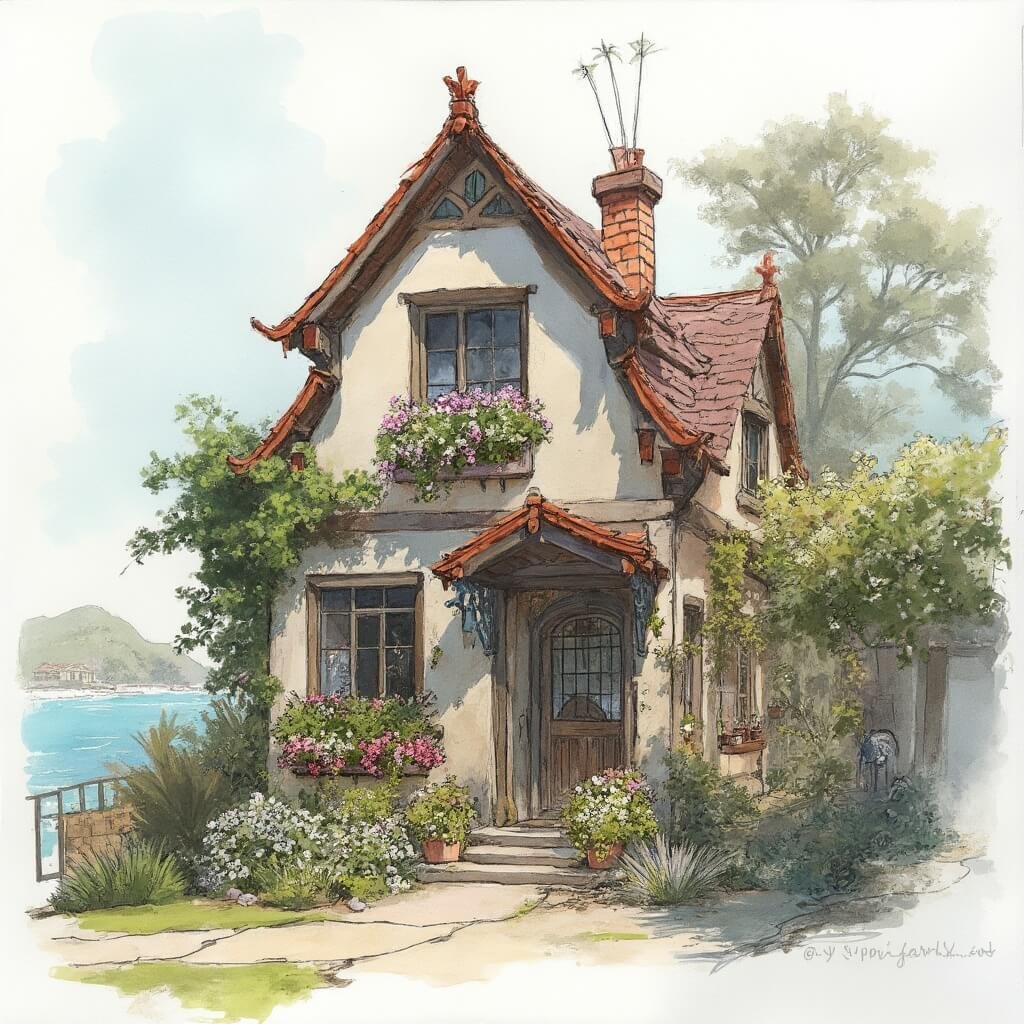 12 Storybook Small Towns in the U.S.: Where Fairytales Meet Reality Watercolor painting of a whimsical California cottage with asymmetrical architecture, surrounded by flower boxes, under morning light, ocean mist in background