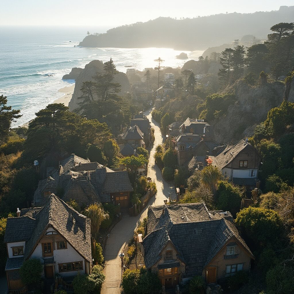 Discover Carmel-by-the-Sea: Where Fairytales Become Reality Aerial view of a quaint Californian coastal town with Tudor-style cottages, Monterey cypress trees, and intricate architecture, illuminated by soft afternoon light, bordered by a white sandy beach and the Pacific Ocean.