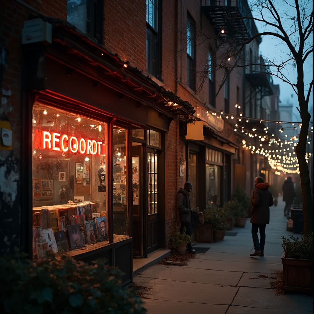 Unlocking Chicago's June Magic: Your Ultimate Festival & Fun Guide Wicker Park evening with vintage record store, glowing neon signs, hipsters browsing vinyl records, string lights overhead and warm ambient lighting