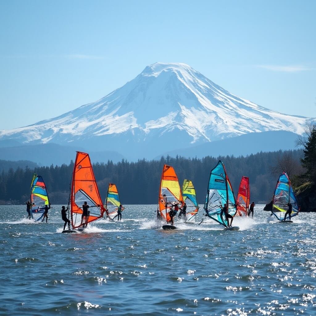 Uncover Hood River: Your Ultimate Adventure Playground in Oregon's Hidden Gem Windsurfers in colorful gear on Hood River, with snow-capped Mount Hood in background and vibrant water reflections