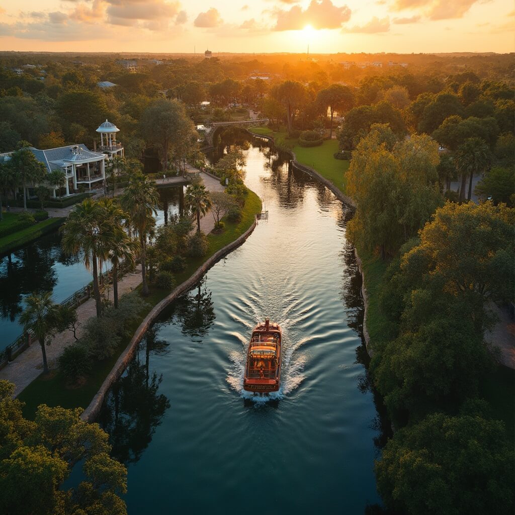 Aerial view of Winter Park, Florida at sunset with a wooden boat on the lake, surrounded by cypress trees and Spanish moss, waterfront mansions and gardens along the shoreline, golden light reflecting on the water