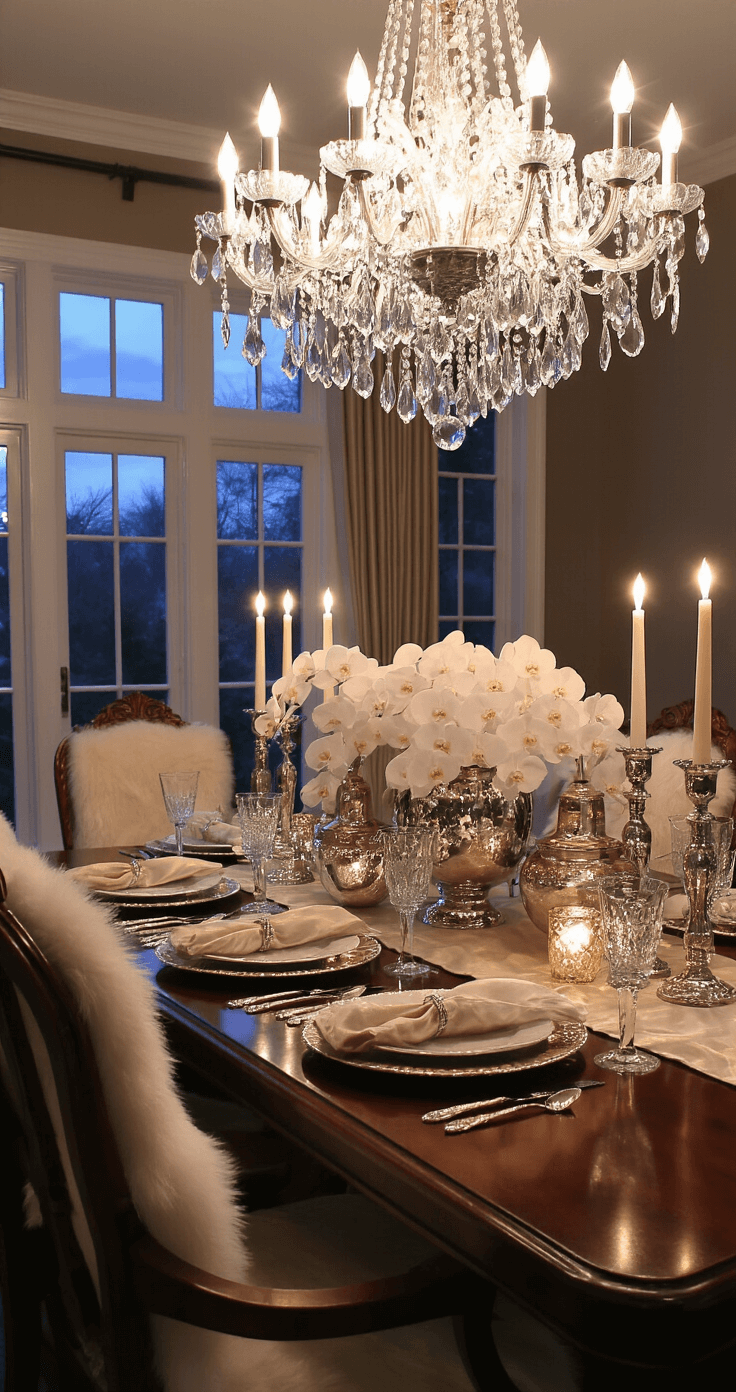 Luxurious Christmas Decor 2025: A Glamorous Guide to Festive Elegance An elegant 15x15ft formal dining room at dusk, featuring a polished mahogany table with platinum and champagne linens, illuminated by a crystal chandelier. Bronze taper candles and antique mercury glass vases filled with white orchids enhance the ambiance, complemented by faux fur throws on each chair.