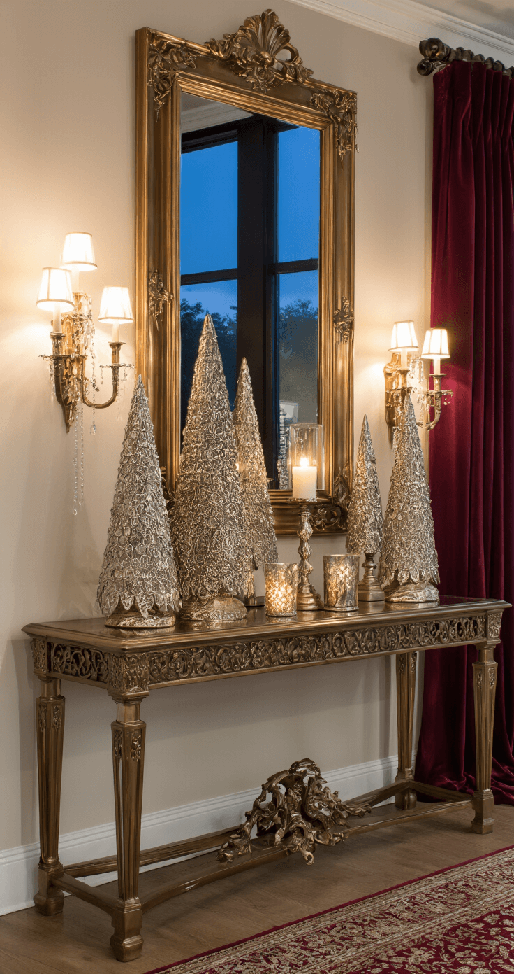 Luxurious Christmas Decor 2025: A Glamorous Guide to Festive Elegance A sophisticated twilight entryway featuring a dramatic bronze and crystal console table adorned with metallic trees and ornate candle holders, an oversized gilded mirror reflecting warm wall sconces, and burgundy velvet drapery framing tall windows, captured from a slight elevation to highlight the interplay between metallic finishes and rich textiles.