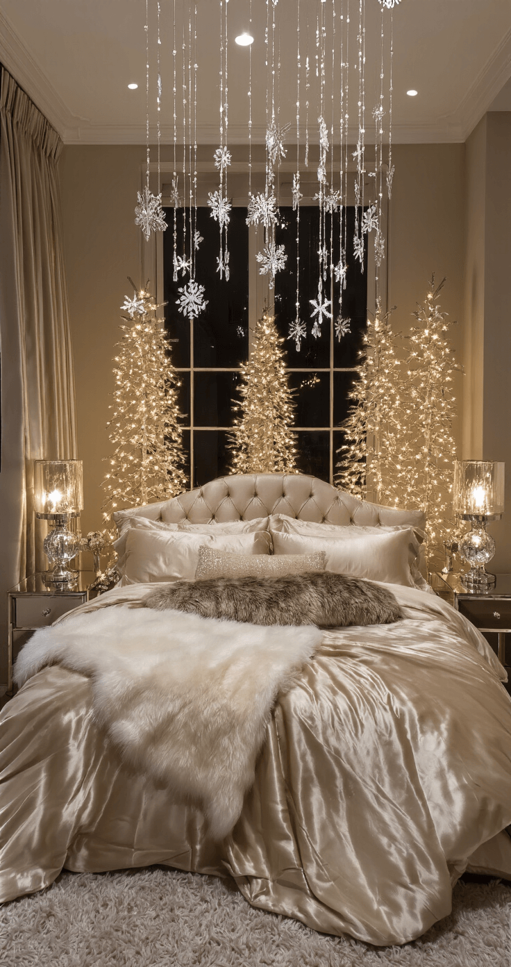 Luxurious Christmas Decor 2025: A Glamorous Guide to Festive Elegance A luxurious master bedroom featuring champagne silk bedding with a fur throw, flanked by metallic trees with warm white lights, mercury glass bedside lamps, and crystal snowflakes from the ceiling, all captured from a doorway perspective to highlight the room's symmetry and rich textures.