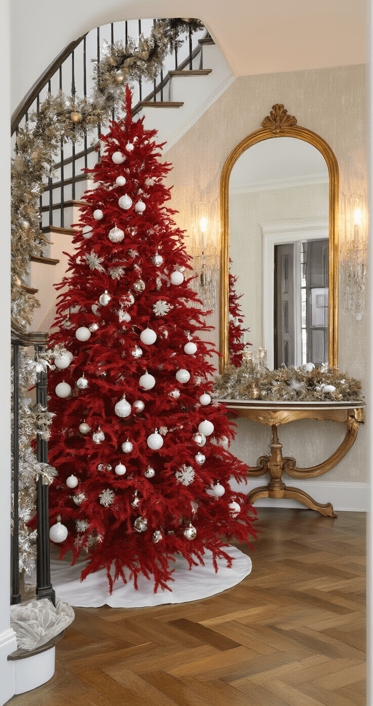 Bold & Bright: How to Style a Red Christmas Tree Like a Pro Elegant entryway with herringbone hardwood floors, a curved staircase, and a striking 6-foot matte red Christmas tree beside a vintage gold mirror, adorned with white-frosted ornaments and metallic garlands, illuminated by crystal wall sconces against textured wallpaper.
