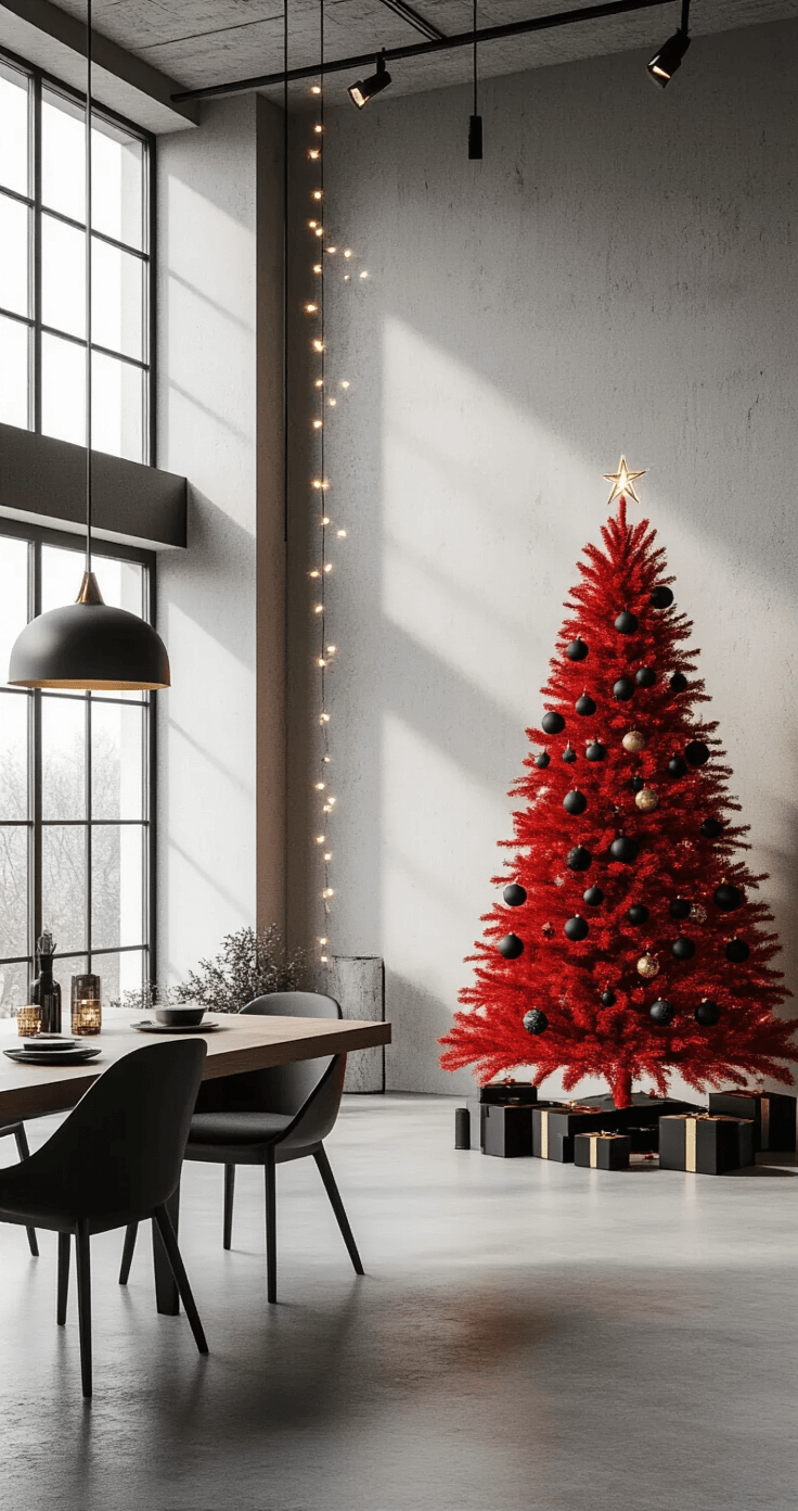 Bold & Bright: How to Style a Red Christmas Tree Like a Pro A minimalist open-concept space featuring concrete floors and industrial elements, showcasing a slim red flocked Christmas tree with black matte ornaments and gold geometric accessories, illuminated by twinkling LED string lights and modern pendant lights, captured from the dining area with cool morning light enhancing the contemporary urban vibe.