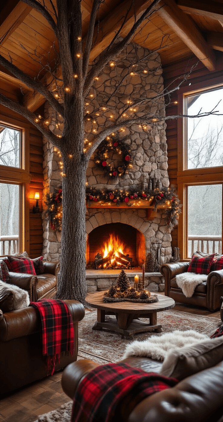 The Ultimate Guide to Christmas Trees: Bringing Holiday Magic Home A cozy rustic mountain cabin great room featuring exposed timber beams and a stone fireplace, with a 10ft natural pine tree adorned with handmade wooden ornaments, dried orange slices, and pine cones, illuminated by firelight and warm LED lights, complemented by leather and sheepskin furnishings.