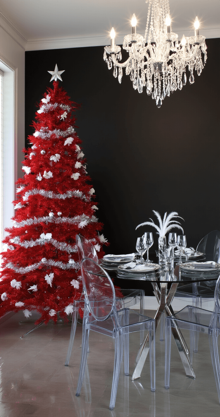 Bold & Bright: How to Style a Red Christmas Tree Like a Pro Modern dining room with black accent wall, crystal chandelier, and a 6-foot metallic red Christmas tree adorned with white feather ornaments and silver tinsel garlands. Ghost chairs surround a glass dining table, creating ethereal reflections, with place settings in the foreground and the tree as the backdrop. The scene is illuminated by evening lighting, highlighting the moody and sophisticated atmosphere.