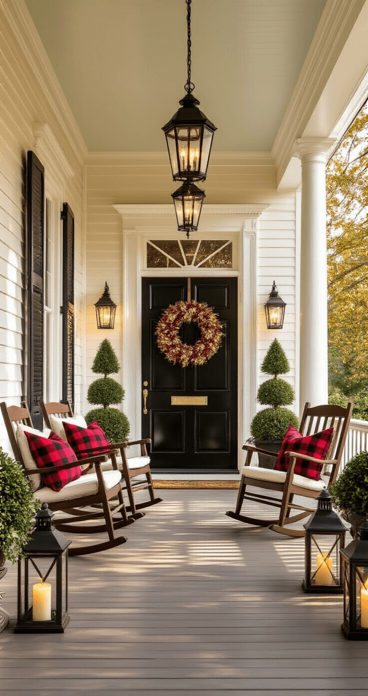 Deck the Halls: Your Ultimate Guide to Stunning Christmas Porch Decor A grand Southern-style veranda at golden hour, featuring white colonial columns, a black door with a burgundy and gold wreath, pre-lit topiaries, vintage rocking chairs with plaid throws, and layered lanterns, all bathed in warm sunlight and soft background blur.