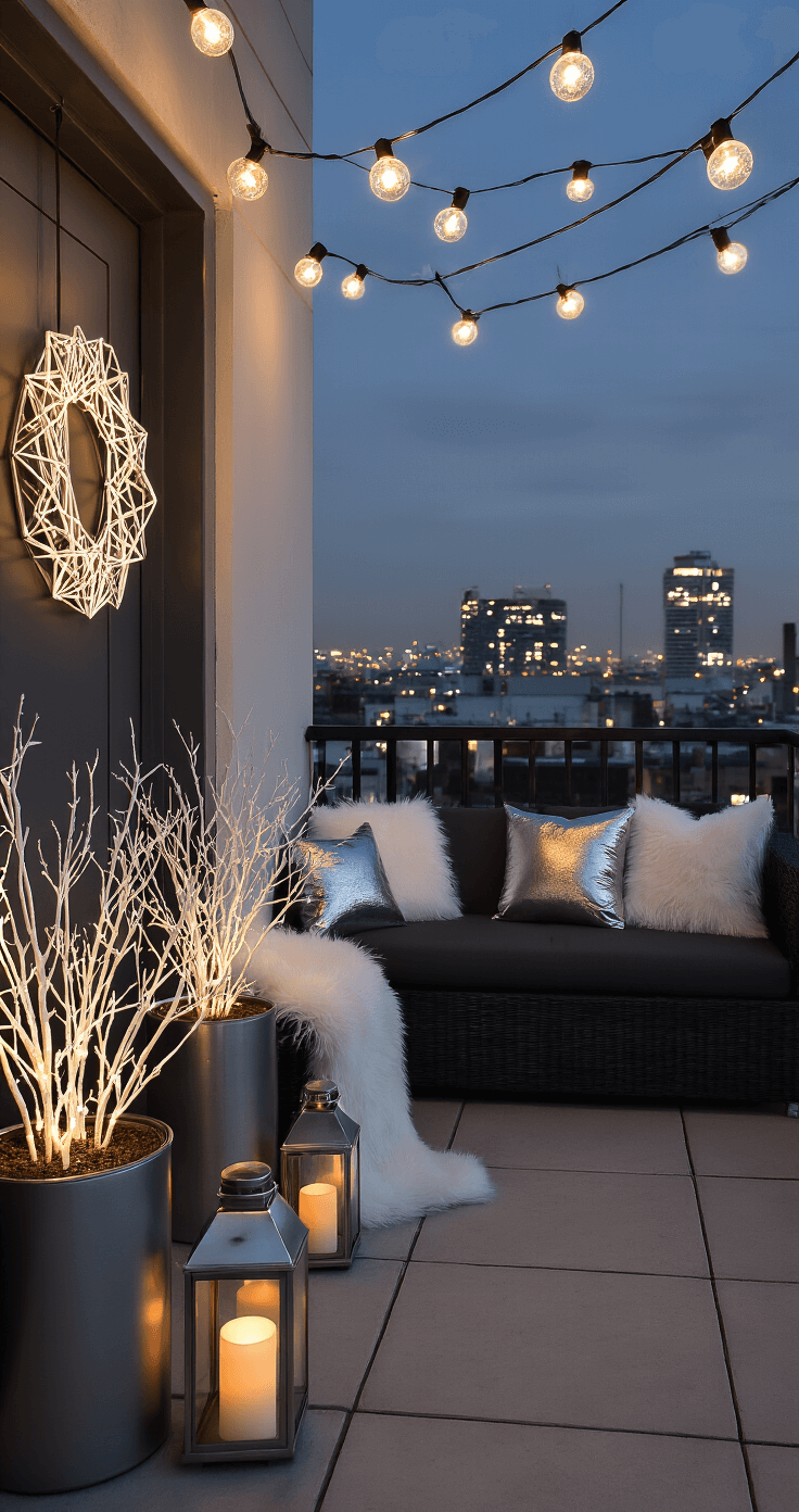 Deck the Halls: Your Ultimate Guide to Stunning Christmas Porch Decor Intimate modern apartment balcony at dusk, featuring a minimalist black and white theme with a geometric LED-lit wreath, string globe lights, contemporary metal planters with illuminated branches, a charcoal loveseat with faux fur throws, and brushed silver lanterns.