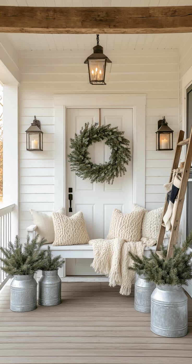 Deck the Halls: Your Ultimate Guide to Stunning Christmas Porch Decor Farmhouse-style porch with reclaimed wood beams, oversized jute wreath, vintage milk cans, white chippy bench with throws and pillows, and wooden ladder displaying stockings, all illuminated by early morning light.