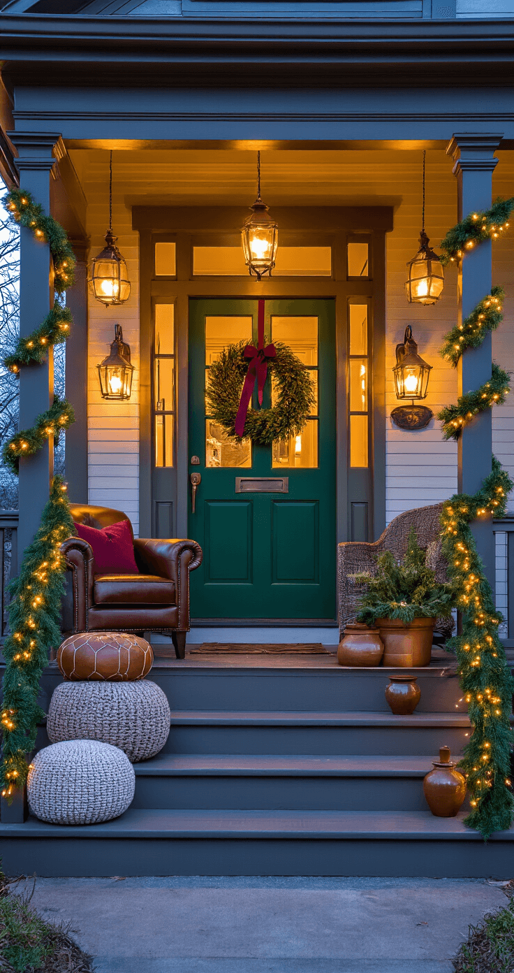 Deck the Halls: Your Ultimate Guide to Stunning Christmas Porch Decor Cozy craftsman bungalow porch at twilight, featuring a jade green door with a copper mesh wreath, rich wood trim, matching copper lanterns, a vintage leather club chair with a knitted pouf, forest green garland with copper lights, and artisan pottery with winter arrangements, viewed from the street level to highlight architectural details and mixed lighting.