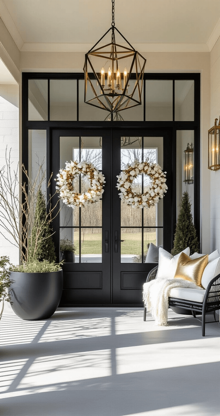Deck the Halls: Your Ultimate Guide to Stunning Christmas Porch Decor A contemporary ranch portico features dramatic black double doors adorned with a modern asymmetrical wreath in white and gold. Oversized matte black planters with illuminated branches flank the entrance, while ghost chairs decorated with luxe cream throws and metallic pillows invite seating. A geometric pendant light casts dynamic shadows, and gold-rimmed mirrors enhance the natural light. A linear garland underscores the clean architectural lines, all captured from a straight-on perspective with slight elevation to highlight reflections and high contrast lighting.