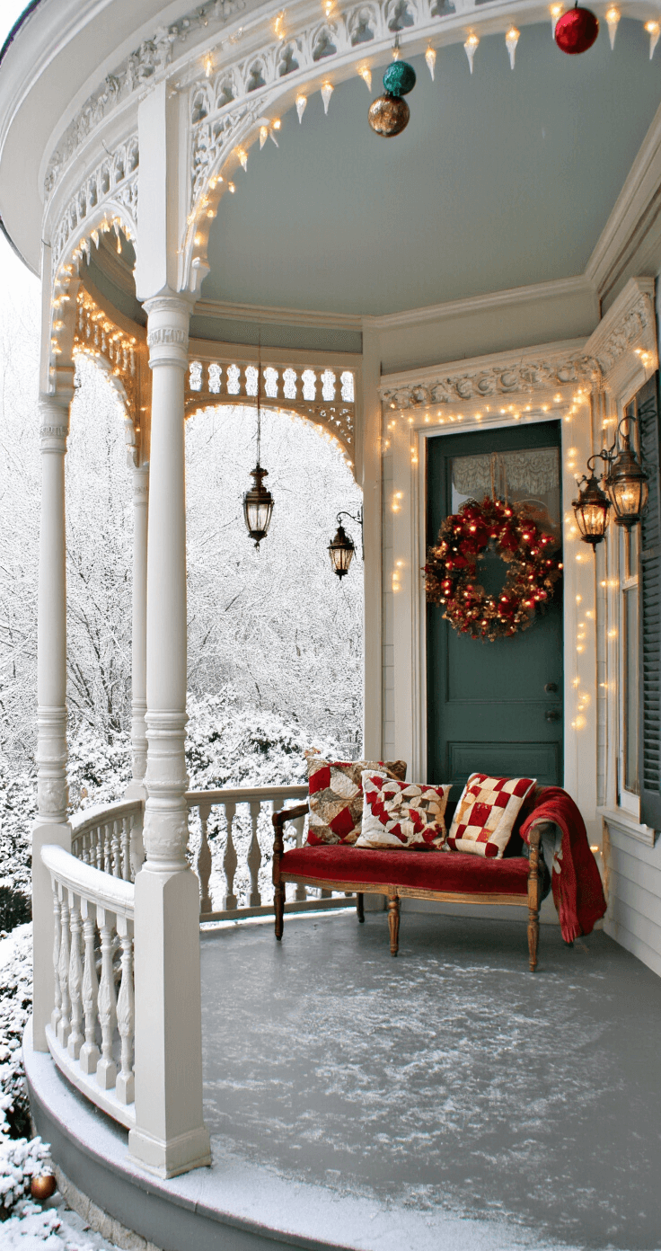 Deck the Halls: Your Ultimate Guide to Stunning Christmas Porch Decor Victorian wrap-around porch during light snowfall, adorned with gingerbread trim and warm white icicle lights, featuring a red and gold wreath on a forest green door, antique brass lanterns along carved railings, a vintage velvet settee with quilts, and mixed metallic ornaments hanging down, captured from a diagonal angle with soft diffused lighting.