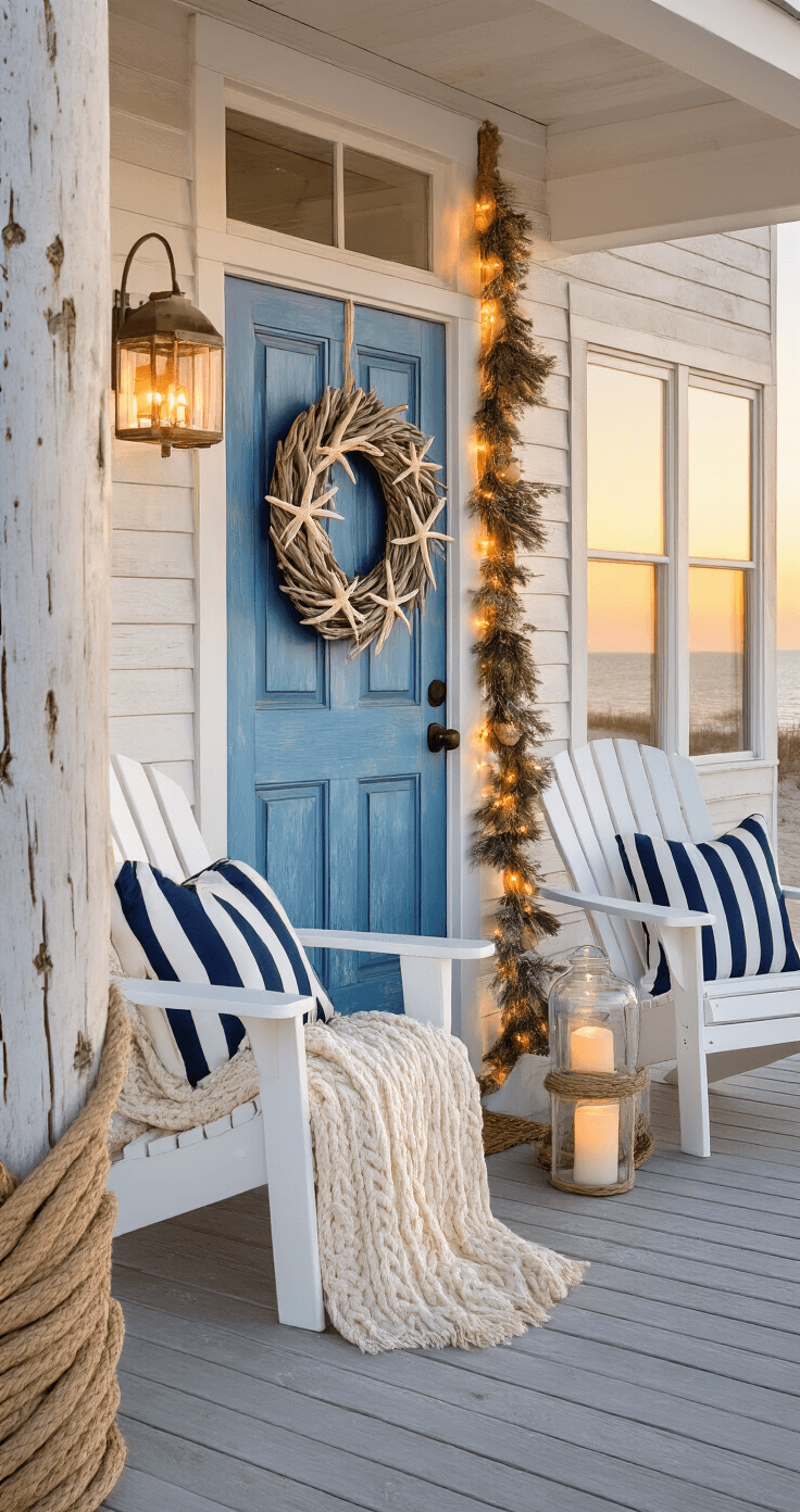 Deck the Halls: Your Ultimate Guide to Stunning Christmas Porch Decor Coastal cottage entryway at sunset featuring a weathered blue door with a driftwood wreath, rope-wrapped columns with warm lights, white Adirondack chairs with cream throws and navy pillows, oversized glass hurricanes with sand candles, and garland adorned with glass floats, all illuminated by golden light reflecting on windows.