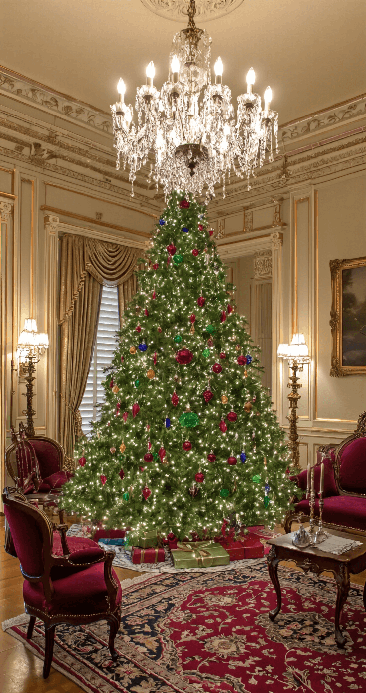 The Ultimate Guide to Christmas Trees: Bringing Holiday Magic Home A Victorian-style parlor with 14ft ceilings, featuring ornate moldings and an 8ft artificial tree adorned with antique glass ornaments in jewel tones. Vintage tinsel garland and bubble lights add a nostalgic glow, while period furniture in rich velvet fabrics surrounds the tree. A crystal chandelier hangs overhead, with dramatic lighting highlighting the ornate details and creating a sparkle throughout the space.