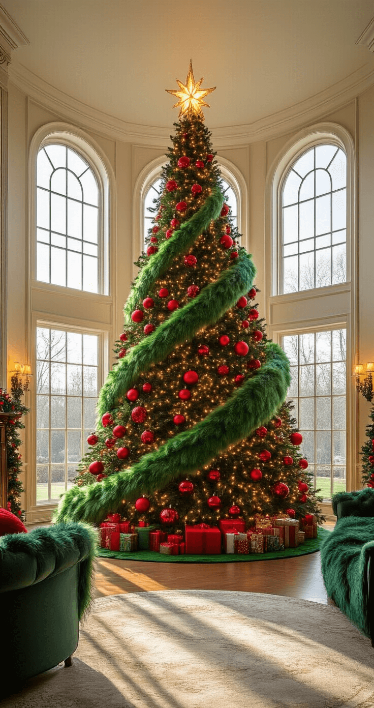 How to Create the Perfect Grinch Christmas Tree: A Whimsical Holiday Decor Guide Interior of a grand living room with high ceilings and large bay windows, featuring a whimsical Grinch-themed Christmas tree with oversized red ornaments and warm white lights, accented by emerald green fur and a Grinch hand stealing baubles, bathed in golden hour sunlight.