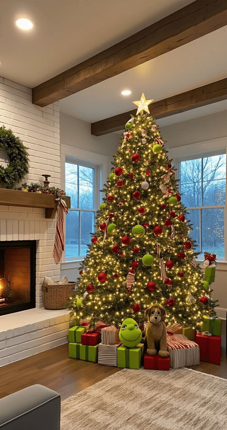 How to Create the Perfect Grinch Christmas Tree: A Whimsical Holiday Decor Guide A cozy modern farmhouse family room featuring exposed wooden beams, a whitewashed brick fireplace, and a 7-foot Grinch tree adorned with matte and glossy lime green and cherry red ornaments, with striped ribbons cascading down. Soft dimmed lighting and tree lights create a warm ambiance, while a plush dog named 'Max' peeks from the branches. The image is captured from a low angle, showcasing the tree's height against the rustic decor.