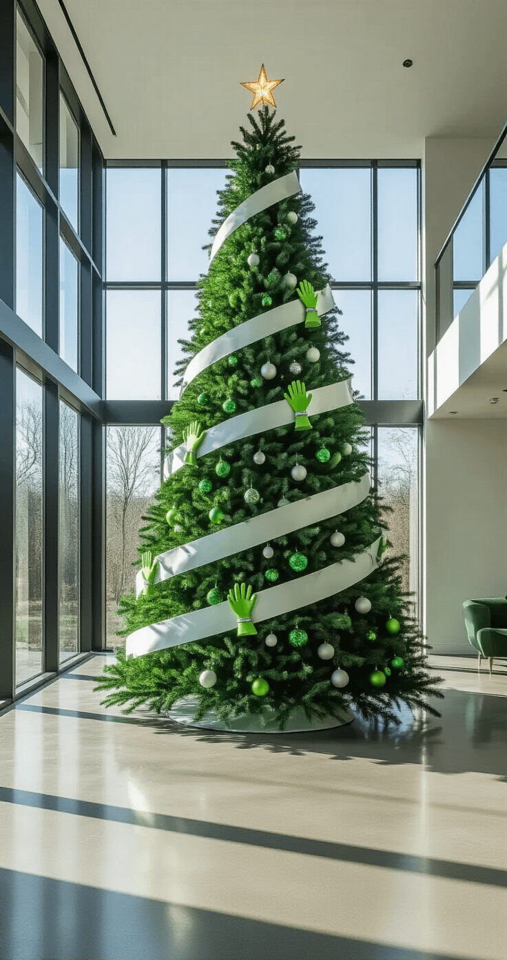 How to Create the Perfect Grinch Christmas Tree: A Whimsical Holiday Decor Guide A contemporary open-concept room featuring floor-to-ceiling windows and polished concrete floors, illuminated by mid-morning light. A 10-foot bendable Christmas tree, adorned with gradient green to white ornaments, stands dramatically in the center, with a large 'Stink, Stank, Stunk' sign nearby. Grinch hand ornaments are artfully positioned as if climbing the tree, all captured from a slightly elevated angle.