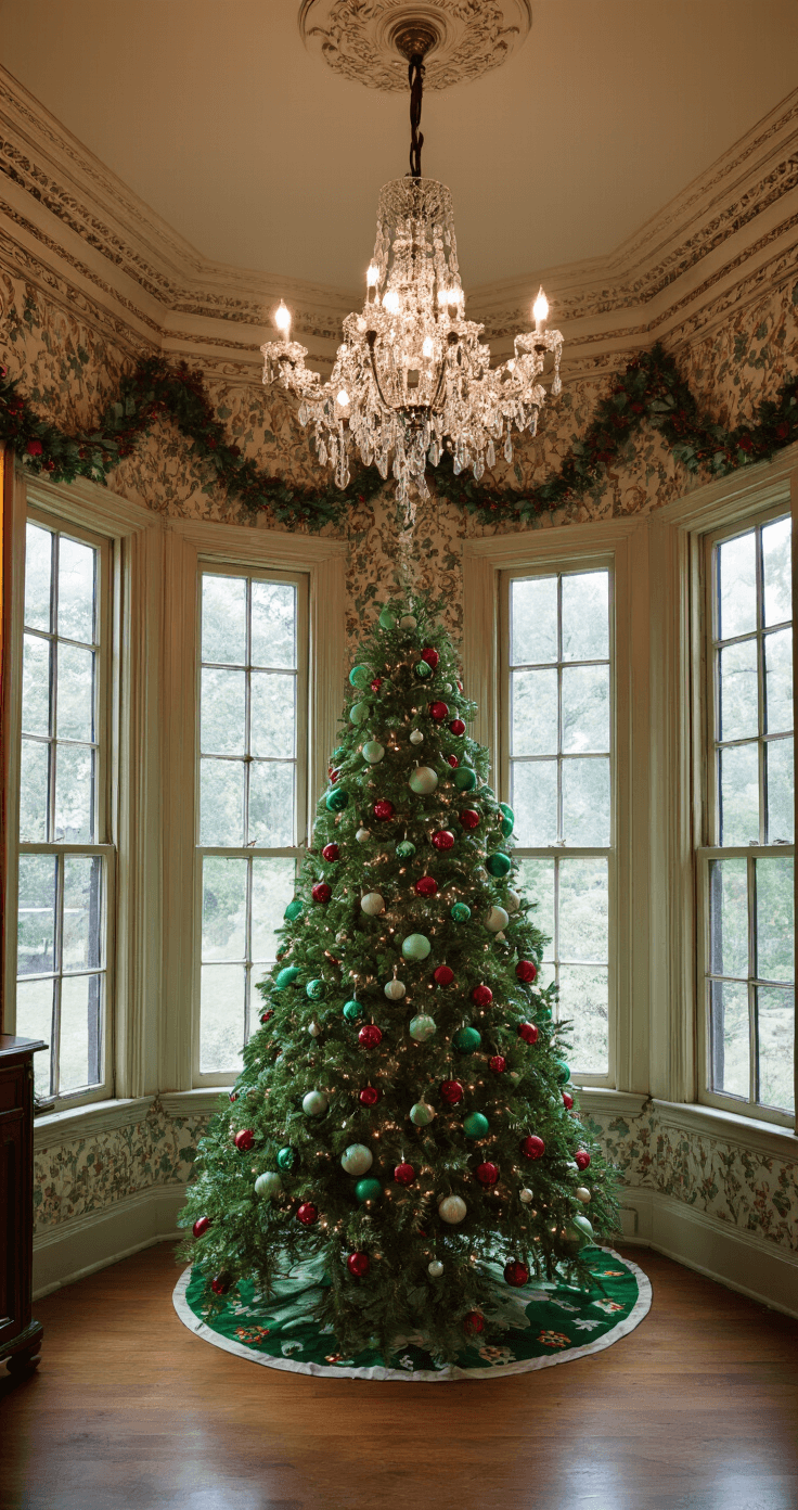 How to Create the Perfect Grinch Christmas Tree: A Whimsical Holiday Decor Guide A Victorian-style parlor at dusk, featuring ornate crown molding and vintage wallpaper. An 8-foot Grinch tree with emerald and ruby glass ornaments stands between tall windows, adorned with polka-dot ribbons and traditional garlands, all illuminated by a crystal chandelier.
