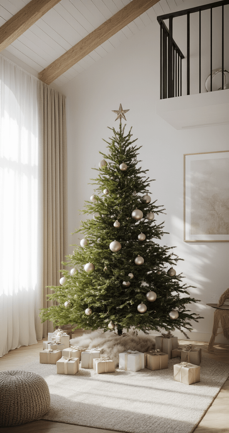 How to Create the Perfect Grinch Christmas Tree: A Whimsical Holiday Decor Guide A Scandinavian-inspired loft space featuring white walls and natural wood accents, illuminated by bright midday light through sheer curtains. A 9-foot slim Grinch tree, minimally decorated with oversized metallic ornaments and faux fur accents, stands in the center, surrounded by 'stolen' wrapped presents placed artfully at its base. The image captures a high-angle view from a mezzanine level, highlighting the geometric patterns formed by the arrangement of decorations.