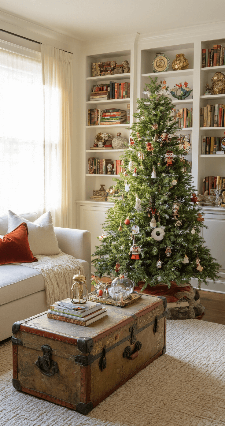 How to Create the Perfect Grinch Christmas Tree: A Whimsical Holiday Decor Guide A cozy 12x15 feet apartment living room bathed in warm late afternoon light, featuring built-in bookshelves and a 6-foot Grinch tree adorned with handmade ornaments on a vintage trunk, showcasing a mix of velvet, glass, and metallic textures.