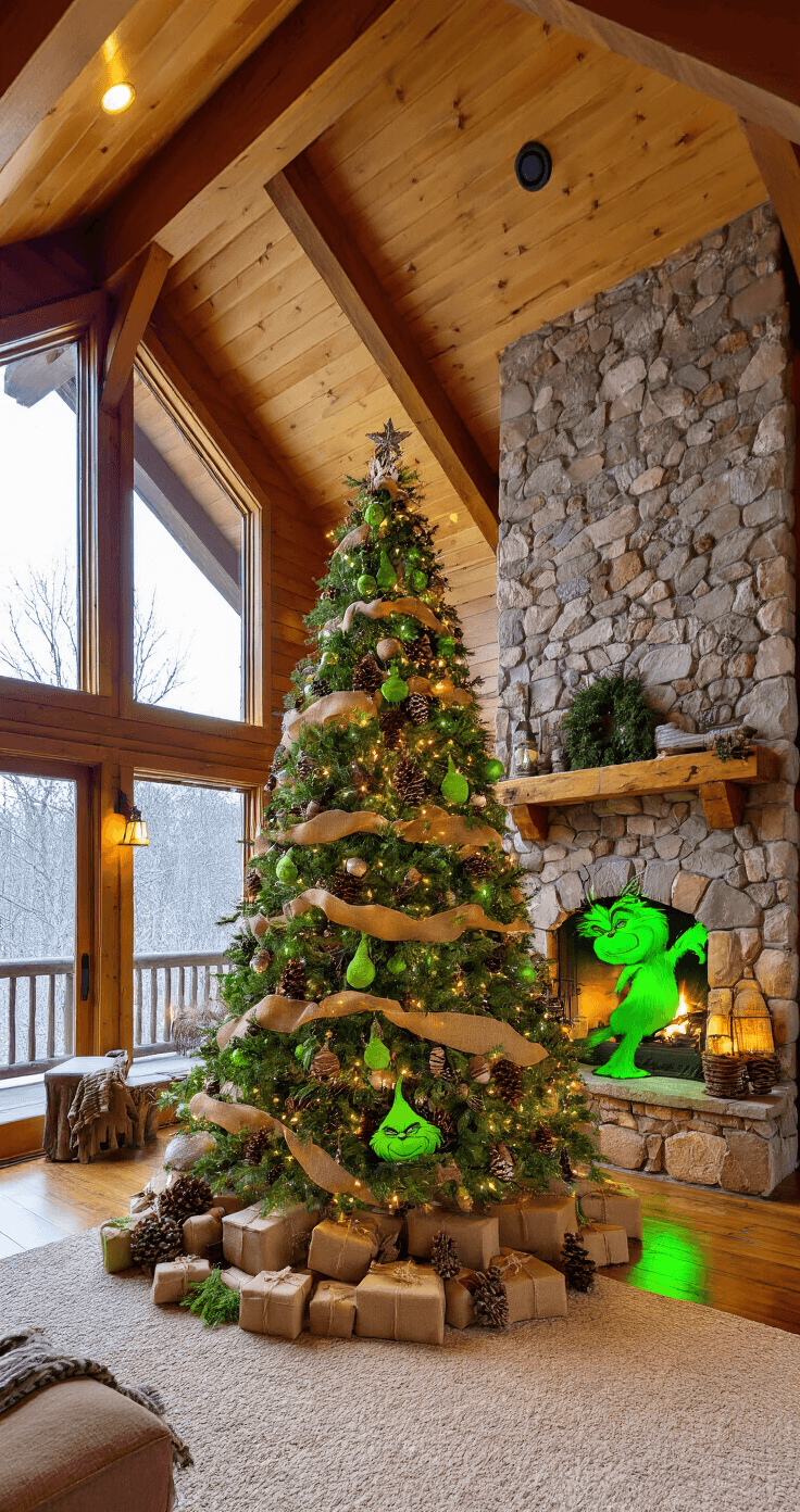 How to Create the Perfect Grinch Christmas Tree: A Whimsical Holiday Decor Guide A spacious mountain cabin great room features a vaulted ceiling and stone fireplace, with a large Grinch-themed Christmas tree decorated with rustic elements, visible against a snowy evening backdrop through the windows. Dramatic green uplighting enhances the cozy atmosphere, captured in a wide-angle shot from the entrance.