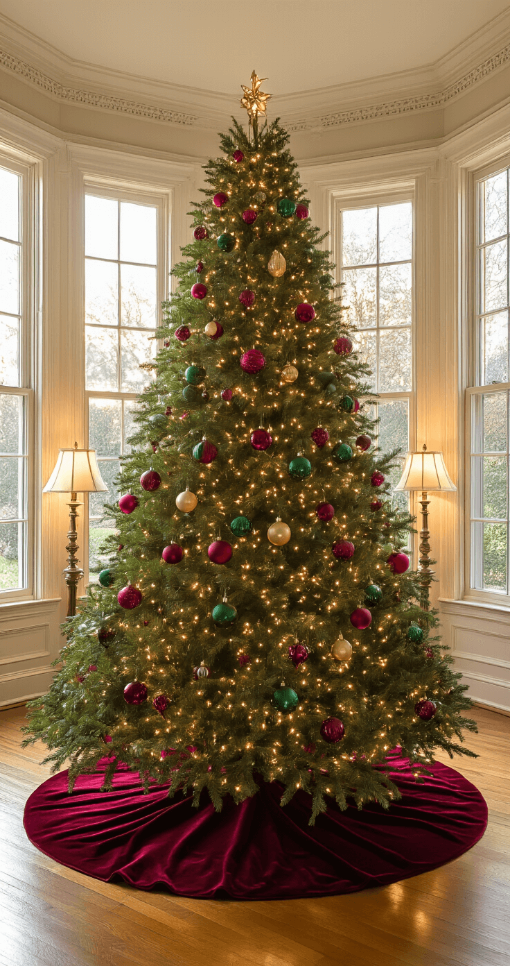 Traditional Christmas Tree Decor: Creating a Timeless Holiday Centerpiece A grand 12-foot Christmas tree adorned with vintage glass ornaments in deep crimson, emerald, and burnished gold stands in a Victorian-style living room. Warm white lights twinkle against the backdrop of large bay windows, with golden afternoon light casting long shadows. A plush velvet burgundy tree skirt elegantly pools at the base, while antique brass floor lamps add warmth to the scene.