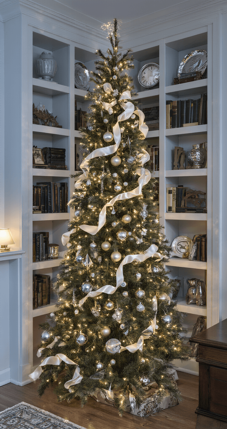 Traditional Christmas Tree Decor: Creating a Timeless Holiday Centerpiece A cozy corner with a 7-foot traditional spruce tree adorned with family heirlooms and mercury glass ornaments, illuminated by soft evening light, and framed by built-in bookshelves.