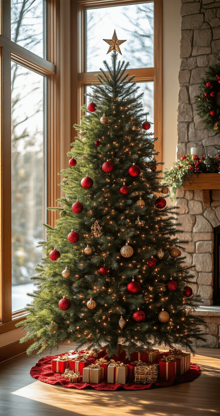 Traditional Christmas Tree Decor: Creating a Timeless Holiday Centerpiece A sunlit morning scene featuring a perfectly symmetrical 9-foot Balsam fir decorated with red and gold baubles, crystal icicles, and warm LED lights, positioned in front of floor-to-ceiling windows, with a stone fireplace visible in the background.