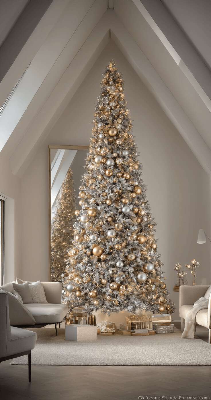 The Ultimate Guide to Christmas Trees: Bringing Holiday Magic Home A spacious contemporary room featuring a 20ft cathedral ceiling, showcasing a 12ft flocked artificial Christmas tree adorned in mixed metallics. Oversized mirror ornaments reflect light, while minimalist cream and gray furniture complements the elegant decor. The image is taken from a second-story vantage point, highlighting the room's impressive height with dramatic professional lighting effects.