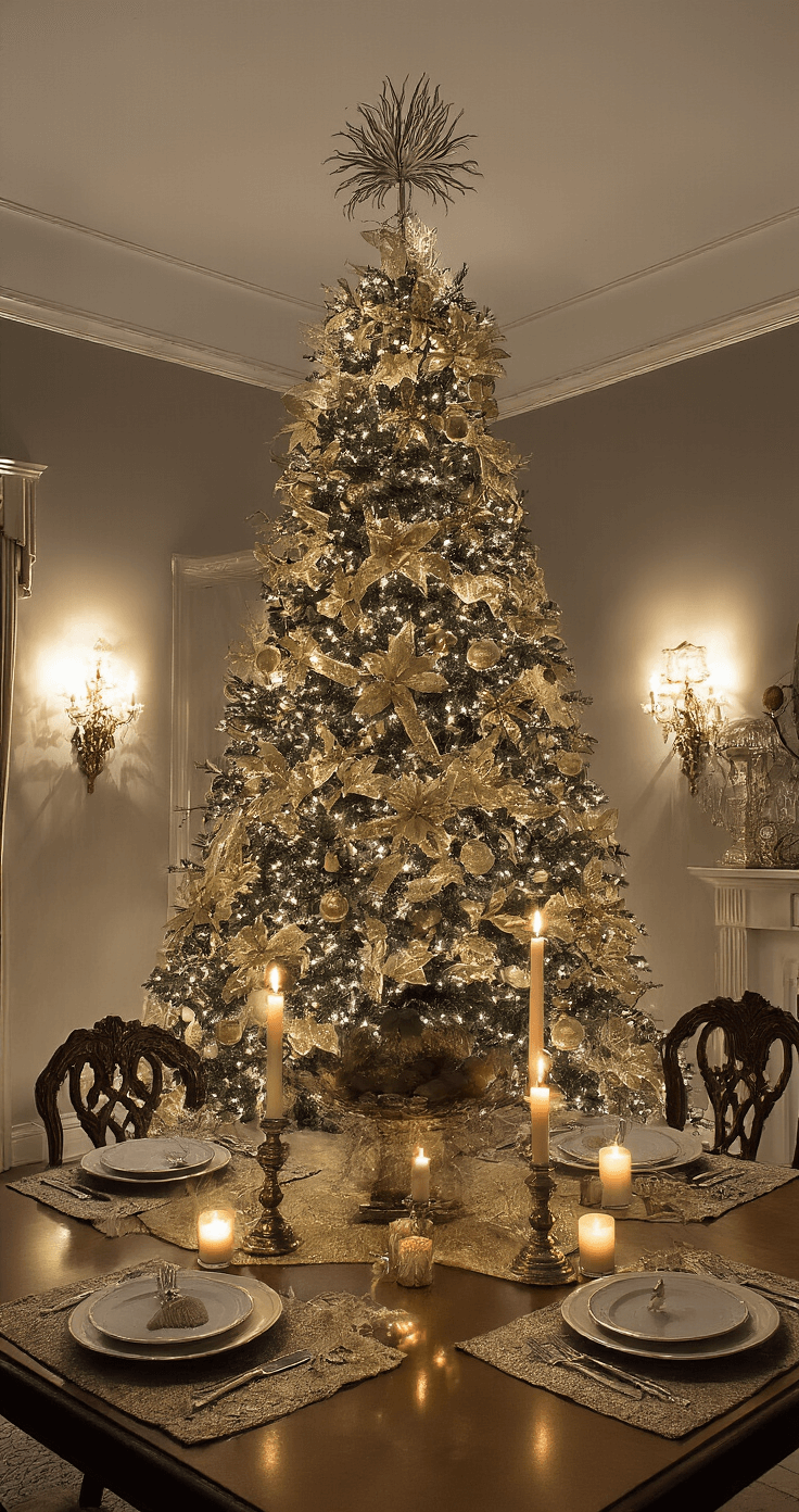 Traditional Christmas Tree Decor: Creating a Timeless Holiday Centerpiece A moody evening interior showcases a 10-foot noble fir in a formal dining room, adorned in a monochromatic gold theme with varying textures. Candlelight casts dancing shadows, enhancing the intimate atmosphere. An oversized Victorian-style topper crowns the tree, while the scene is captured from dining table height, emphasizing the dramatic effect of the practical lighting.